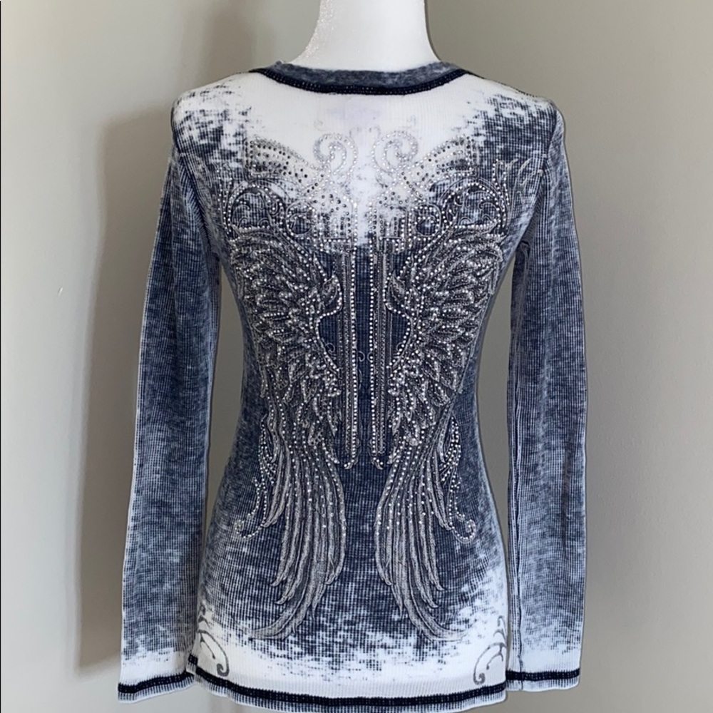 Vintage Jeweled Gun & Wing L/S Fashion Top